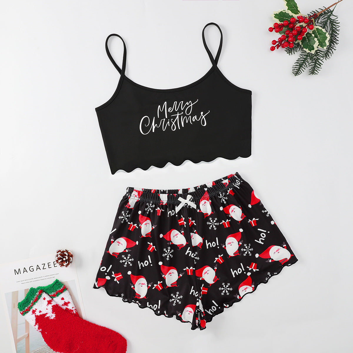 Women’s Christmas Two-Piece Pajama Set – Sleeveless Holiday Cami & Shorts Sleepwear