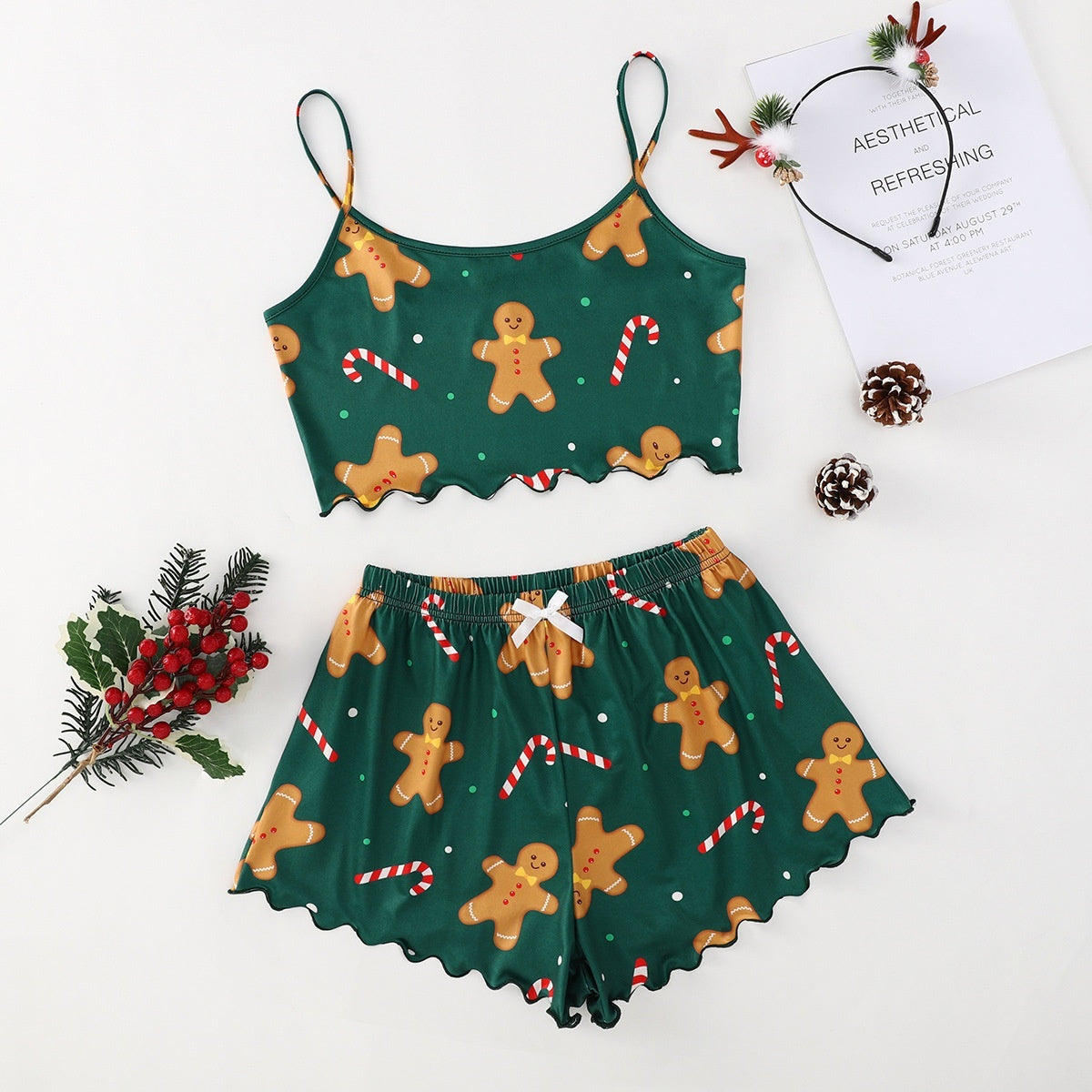 Women’s Christmas Two-Piece Pajama Set – Sleeveless Holiday Cami & Shorts Sleepwear