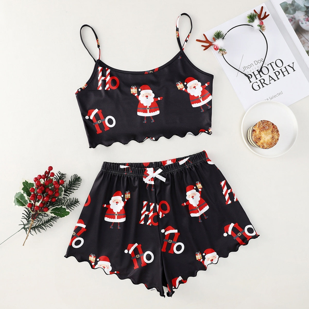 Women’s Christmas Two-Piece Pajama Set – Sleeveless Holiday Cami & Shorts Sleepwear