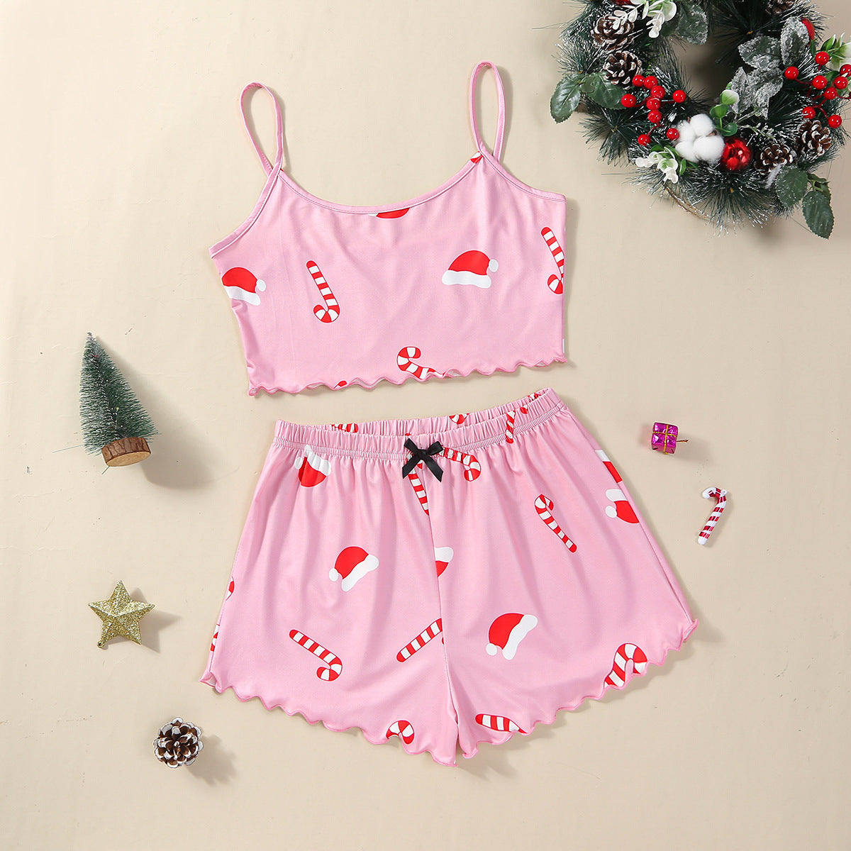 Women’s Christmas Two-Piece Pajama Set – Sleeveless Holiday Cami & Shorts Sleepwear