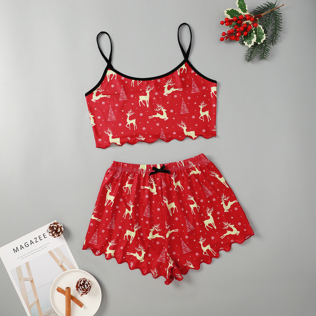 Women’s Christmas Two-Piece Pajama Set – Sleeveless Holiday Cami & Shorts Sleepwear