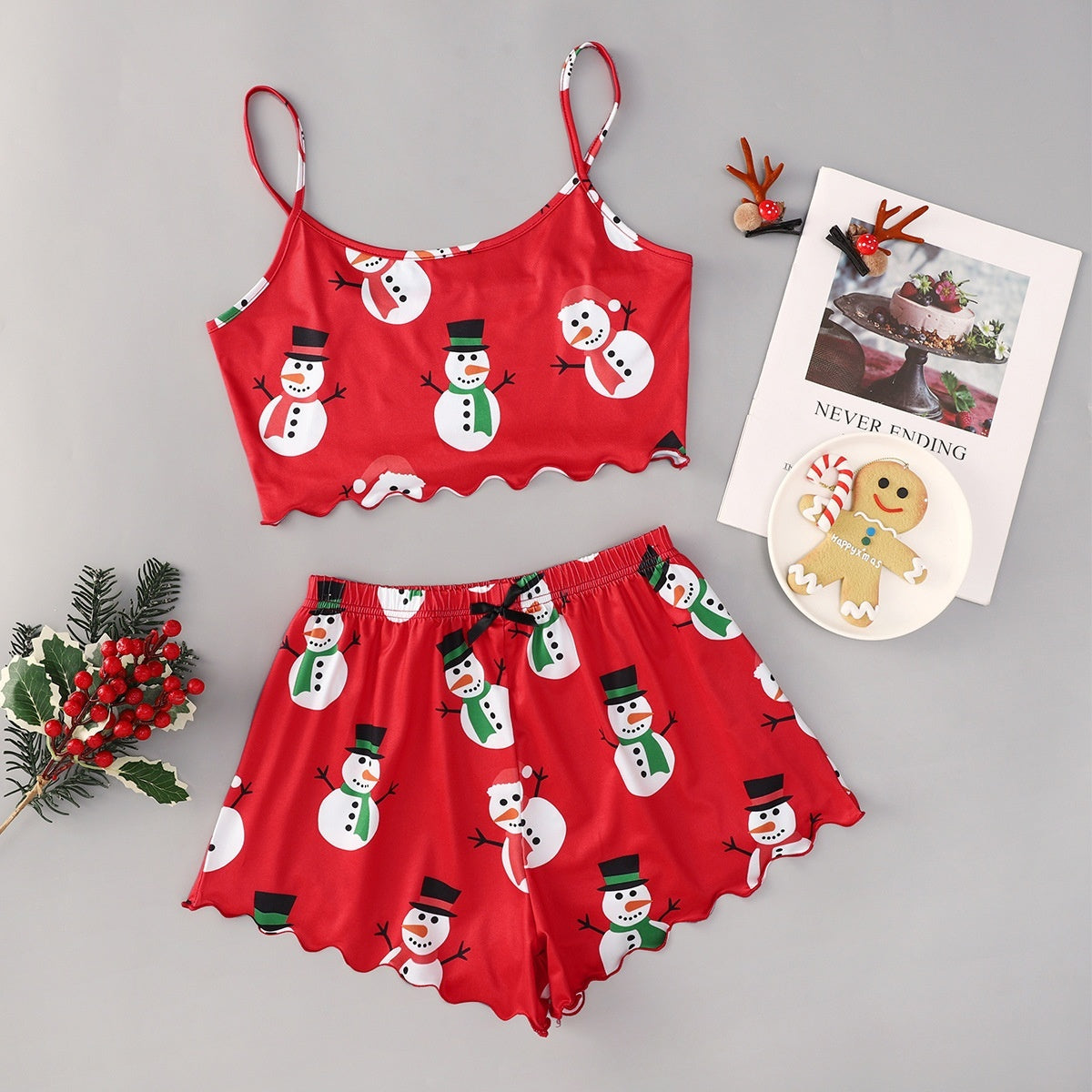 Women’s Christmas Two-Piece Pajama Set – Sleeveless Holiday Cami & Shorts Sleepwear