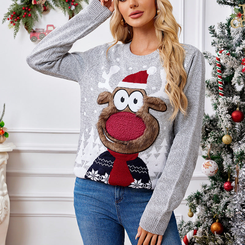 Women’s Loose Reindeer Christmas Sweater – Cute Holiday Pullover Knit Top